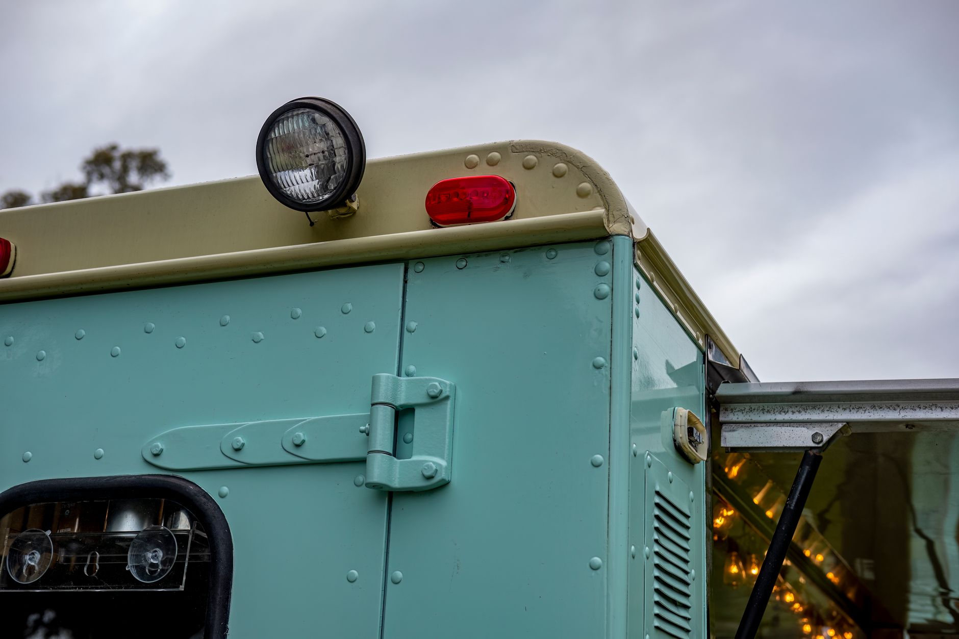 Vintage food truck with lights and a serving hatch